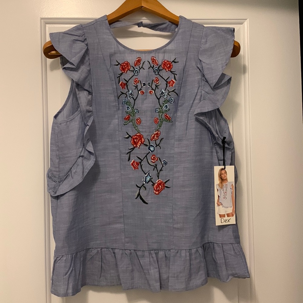 DEX blue embroidered flower blouse. Brand new/never worn
